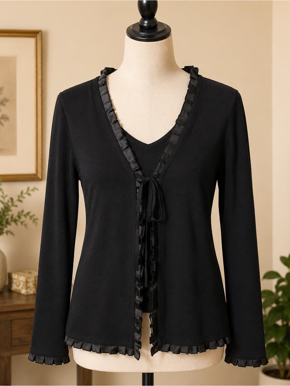 Cable & Gauge Black Knit Top with Subtle Ruffle Trim